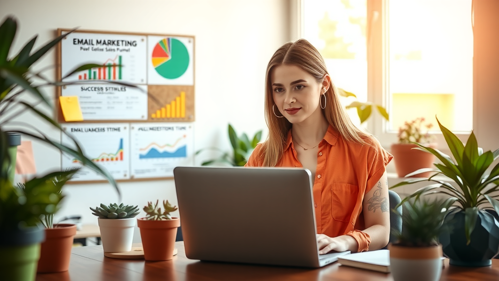 A vibrant and inspiring workspace scene featuring a woman in her early 30s with a focused expression, sitting at a sleek desk adorned with plants and a laptop displaying an email marketing dashboard. The atmosphere is bright and airy, illuminated by soft natural light coming through a large window, creating a sense of warmth and motivation. In the background, colorful charts and success stories are pinned to a corkboard, showcasing strategies for a successful sales funnel. The overall mood is one of empowerment, highlighting the harmony between technology and personal growth as she integrates work and creativity seamlessly. The composition captures a dynamic angle, emphasizing both her engagement with the task and the inviting environment around her.