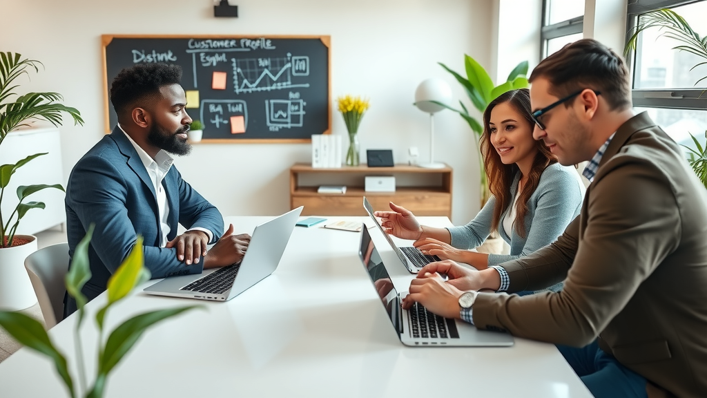 A close-up shot of a diverse group of three professionals in a modern office space, two men and one woman, gathered around a sleek white table with laptops and digital tablets open. They have engaged expressions, showcasing enthusiasm and collaboration as they analyze colorful data visualizations on their screens. The setting features a minimalist design with plants and natural light filtering through large windows, creating a bright and inspiring atmosphere. Elements such as a chalkboard with diagrams and sticky notes in the background emphasize a lively brainstorming session, while hints of technology like a digital display for data analytics add a sophisticated touch. The overall mood is dynamic and forward-thinking, highlighting the integration of data for a cohesive customer profile.