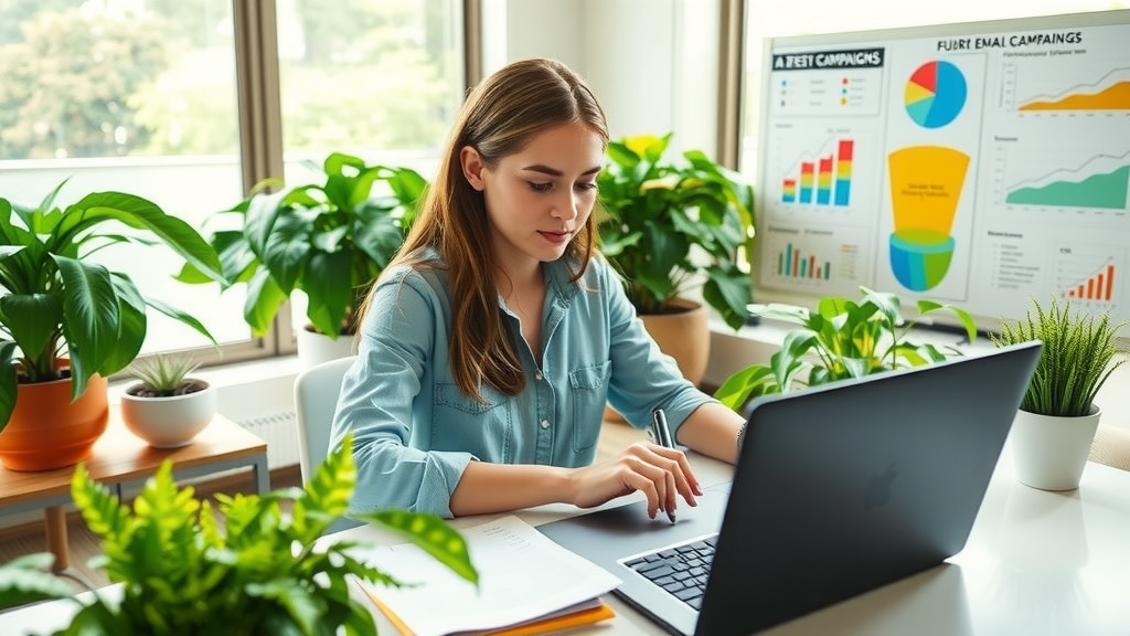 A vibrant scene featuring a young woman in her late 20s, wearing casual but professional attire, sitting at a sleek, modern workspace filled with greenery. She has a focused expression as she reviews A/B test results on her laptop, surrounded by colorful charts and notes. Sunlight streams through a large window, creating a warm and inviting atmosphere. The camera angle is slightly above eye-level, capturing both her engaged demeanor and the organized environment. The overall mood is one of empowerment and positivity, with a color palette of soft greens and yellows, symbolizing growth and creativity. In the background, a whiteboard displays ideas for future email campaigns, further emphasizing the theme of automation and innovation.
