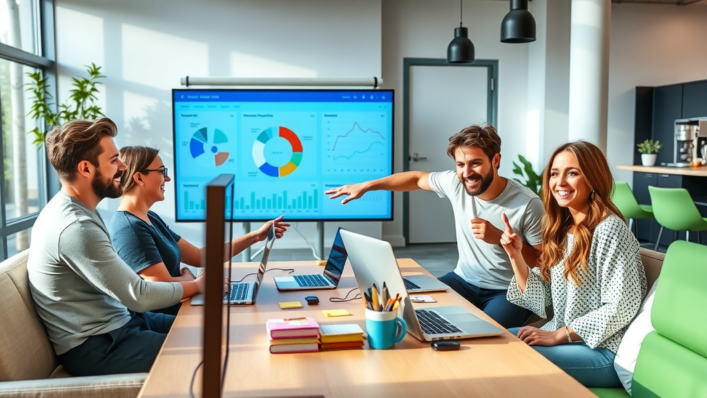 A dynamic scene depicting a diverse team of four people in a modern office space, engaging in a collaborative brainstorming session around a large screen displaying a gamification dashboard. The individuals are in their late 20s to early 40s, expressing enthusiasm and creativity, with smiles and animated gestures. The setting is bright and contemporary, featuring comfortable seating and inspiring decor, bathed in soft, natural light filling the room. The color palette consists of fresh greens and vibrant blues, reflecting a positive and energetic atmosphere. Key elements include sticky notes on the table, laptops open with graphs and analytics, and a coffee station in the background, emphasizing a balanced and engaging work environment. Capture the excitement of teamwork and innovation, portraying a sense of empowerment through technology and automation in the workplace.