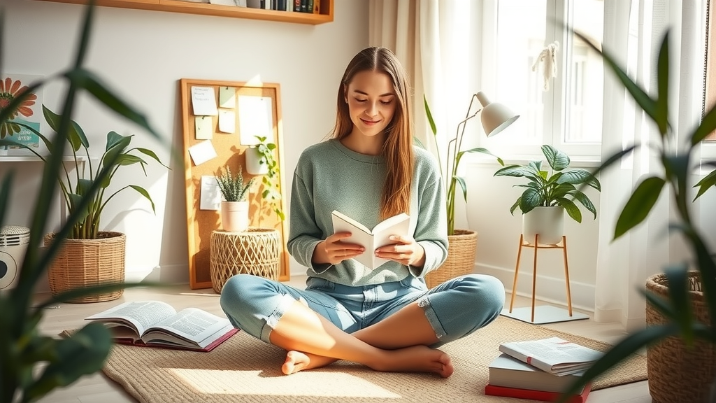 A serene and inspiring scene depicting a young woman in her late 20s, sitting cross-legged on a cozy rug in a sunlit room filled with plants and minimalistic decor. She has an expression of contentment and focus as she writes in a journal, surrounded by open books and notes reflecting concepts of systemic thinking and effective habits. Soft, natural light floods the space, creating a warm and inviting atmosphere. In the background, a small corkboard displays visual reminders of goals and patterns she is tracking, enhancing the theme of personal growth and life optimization. The color palette consists of calming greens and warm neutrals, fostering a sense of balance and tranquility.