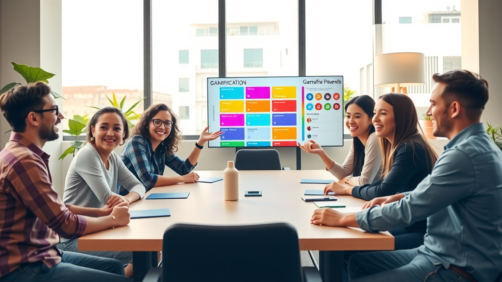A vibrant, dynamic scene showcasing a diverse group of young professionals engaged in a lively brainstorming session around a modern conference table in a well-lit office space. The individuals, ranging from late 20s to early 40s, are animatedly discussing ideas, with one person enthusiastically gesturing towards a colorful gamification chart displayed on a screen. Soft natural light filters through large windows, creating an inspiring atmosphere. The color palette is energetic with splashes of bright colors, symbolizing creativity and collaboration. In the background, subtle details like gamified rewards displayed on a board and potted plants enhance the sense of a motivating environment. The image captures expressions of joy and engagement, reflecting the excitement of team involvement and innovation.