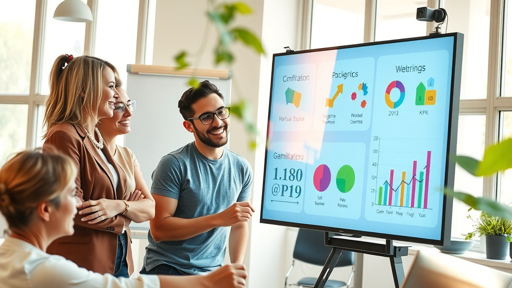 A dynamic scene capturing a diverse team of four professionals in a modern office space, engaged in a vibrant discussion around a large digital screen displaying gamification metrics and KPIs, smiles and expressions of enthusiasm reflected on their faces. The setting is bright and inviting with natural light streaming through large windows, inspiring a sense of collaboration and productivity. The team consists of a middle-aged woman wearing smart casual attire, a young man in a t-shirt with a tech logo, a woman in her late 20s with colorful accessories, and a middle-aged man in glasses, all actively contributing ideas. Details include a whiteboard filled with creative notes and doodles, plants in the background, and a relaxed, clutter-free workspace showcasing technology as an empowering tool. The overall mood is energetic and uplifting, with a color palette of soft blues and greens, symbolizing growth, innovation, and teamwork.
