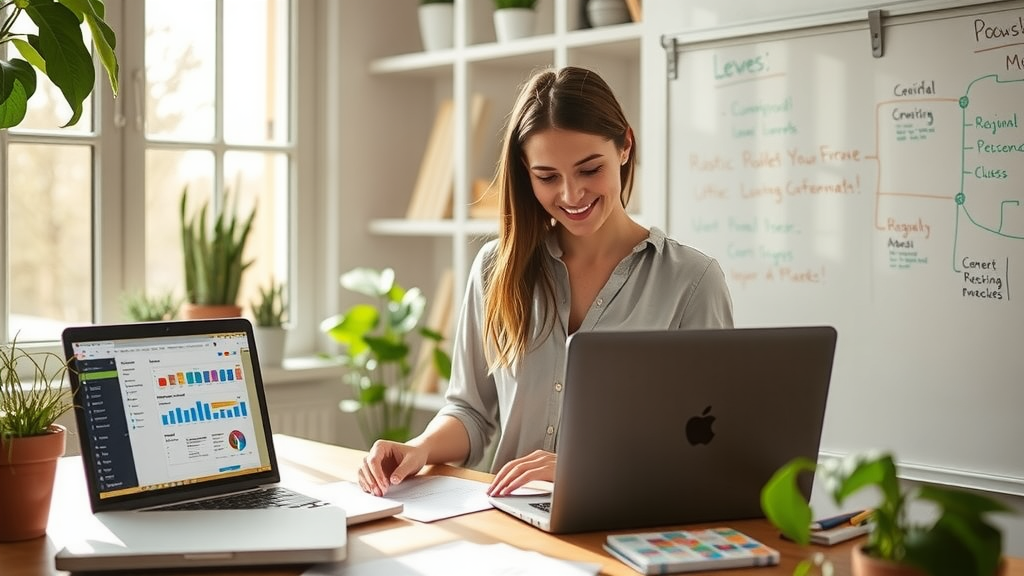 A focused shot of a woman in her early 30s, dressed casually in a bright workspace, enthusiastically analyzing data on her laptop. She has a look of concentration and satisfaction as she sets aside notes and colorful charts spread around her. Sunlight streams through a large window, illuminating her workspace filled with plants and a whiteboard scribbled with innovative ideas. On her desk, an email parser tool is visible on the screen, along with a robotic process automation workflow diagram, symbolizing a blend of technology and creative problem-solving. The overall color palette is warm and inviting, evoking a sense of empowerment and calm amidst the tasks at hand.
