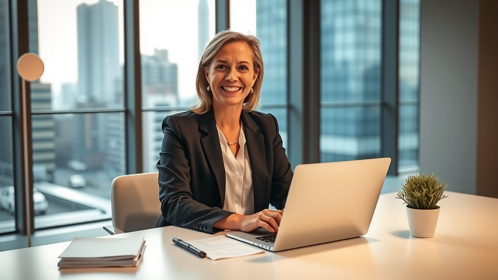 A professional yet inviting scene depicting a mid-aged female lawyer in a smart blazer, visibly relaxed and smiling while working on a sleek laptop in a modern, minimalist office space filled with natural light. The desk is organized with a few documents neatly stacked and a small plant adding a touch of freshness. Large windows offer a view of a busy cityscape, symbolizing the dynamic nature of her work. Soft, warm lighting fills the room, creating a sense of calm and focus. The overall mood reflects empowerment and efficiency, illustrating how automation simplifies her practice and enhances client interactions. The image composition should be a slightly elevated angle, capturing both the individual and her clean, inspiring workspace.