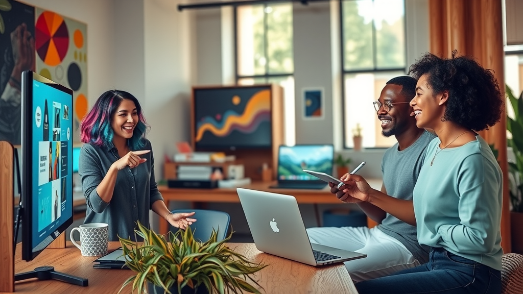A dynamic scene capturing a diverse group of three enthusiastic young adults in a modern, creative workspace, collaborating on graphic design projects using AI tools like Midjourney and DALL-E. The first person, a woman in her late 20s with colorful hair, is animatedly explaining ideas while gesturing towards a large screen displaying vibrant graphic designs. The second person, a man in his early 30s with glasses, is focused on his laptop, typing rapidly, embodying concentration. The third, a non-binary individual in their mid-20s, joyfully sketches on a tablet with a bright smile. The environment is filled with plants, abstract art on the walls, and soft, natural lighting coming from large windows, creating an uplifting and productive atmosphere. The color palette features lively hues that reflect creativity and innovation, invoking a sense of freedom and empowerment in the digital age. The composition is shot at eye-level, capturing the camaraderie and positivity of their collaboration, emphasizing the joy of creative technological integration.