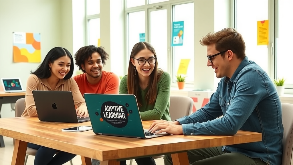 A vibrant and engaging scene portraying a diverse group of young adults in their mid-20s gathered in a modern workspace, each focused on their laptops with enthusiastic expressions, embodying excitement about personalized learning through EdTech. The setting features a bright and airy room with large windows allowing soft natural light to flood in, accented by colorful educational posters on the walls. One individual, seated at a sleek wooden table, is animatedly discussing adaptive learning paths with a friend, their laptops displaying interactive gamified elements and streamlined automated assessment tools. The color palette is fresh and inviting, with greens and blues promoting a sense of calm and inspiration. The composition captures the collaborative dynamic, showcasing creativity, technology integration, and the joyful pursuit of knowledge.
