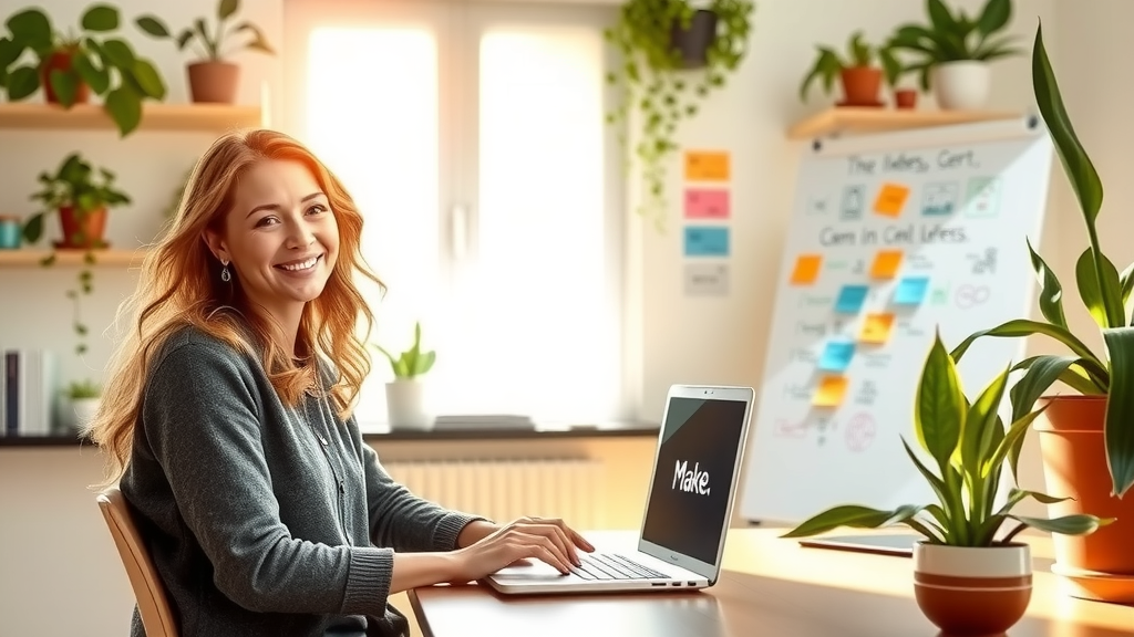 A serene and inspiring scene in a bright, modern home office with lush plants adorning the shelves. A woman in her early 30s with a content smile is sitting at her desk, working on a laptop with Make.com open on the screen, symbolizing the management of her personal knowledge base. Soft natural light streams in through a large window, illuminating her workspace and highlighting the greenery around her. In the background, there's a whiteboard filled with colorful notes and ideas, representing her organized thoughts and creativity. The overall mood is uplifting and calm, showcasing harmony between technology and personal growth while decluttering her mind and embracing a joyful, empowered life.