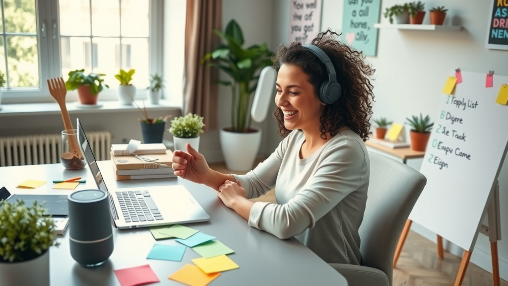 A dynamic image featuring a young professional woman in her early 30s with a joyful expression, sitting at a sleek, modern desk cluttered with colorful sticky notes and a laptop open to a productivity app. She is engaged in a conversation with a smart speaker on her desk, with sound waves visually represented around it, symbolizing the transformation of voice notes into actionable tasks. The setting is a bright and airy home office filled with plants and inspirational quotes on the wall, illuminated by soft natural light coming through a large window. The composition is an eye-level shot, highlighting her enthusiasm and the tools of productivity around her, with a color palette of greens, blues, and yellows that evokes a sense of creativity and empowerment. A small whiteboard in the corner displays a cheerful to-do list, reinforcing the theme of systematic productivity and innovation.