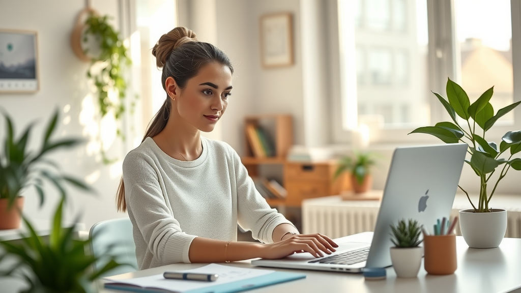 A serene workspace scene featuring a young woman in her early 30s with a calm expression, sitting at a minimalist desk with a laptop open, showing automated workflow tools on the screen. The setting is a bright, airy home office filled with natural light filtering through large windows, decorated with plants and a few well-chosen decor items. The woman is intently focused, her posture relaxed, embodying productivity and tranquility. The color palette is soft and inviting, with warm tones promoting a sense of peace and efficiency. A subtle hint of organized chaos in the background suggests a transition from cluttered choices to streamlined automation, representing freedom from decision fatigue.