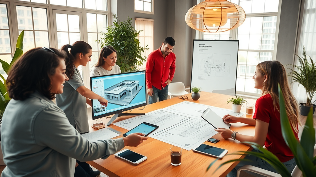 A highly detailed, photorealistic image of a collaborative workspace for architects, showcasing a diverse group of professionals in their 30s and 40s gathered around a large table covered with blueprints and digital tablets. They are engaged in vibrant discussions, some pointing at a large screen displaying a 3D model created with Revit or ArchiCAD, while others take notes on BIM integration. The setting is a bright, airy office with large windows allowing natural light to flood in, creating a warm and inviting atmosphere. Soft green plants decorate the space, enhancing the sense of calm and creativity. The composition captures a balanced view of teamwork and technological empowerment, with expressions of joy and focus on the team members' faces, underlining a successful integration of technology in project management. Bright yet soothing colors dominate the scene, reflecting a modern architectural environment.