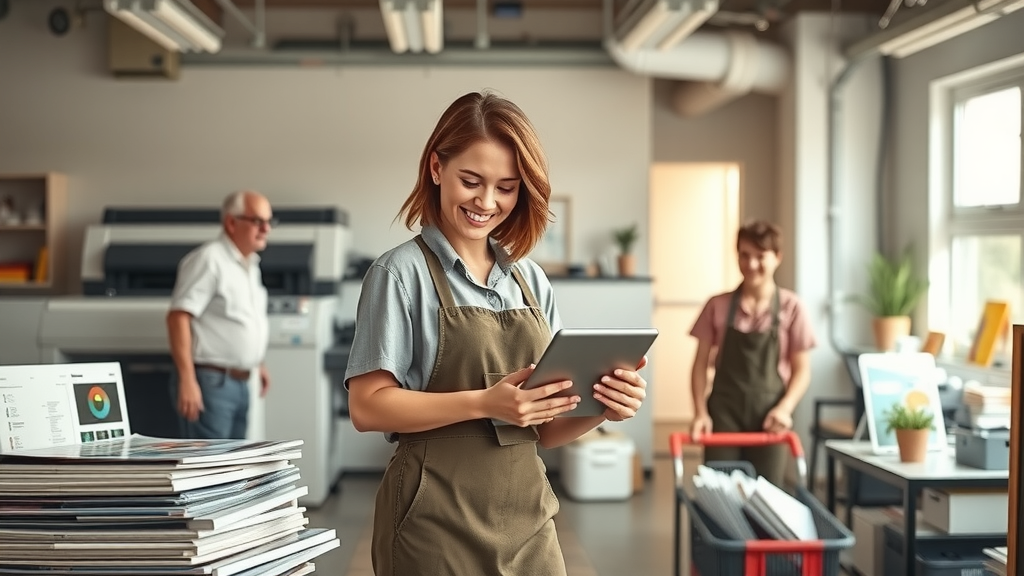 A dynamic and engaging scene showcasing a diverse group of professionals in a modern print shop with bright, airy spaces. In the foreground, a woman in her early 30s with short brown hair, wearing a smart casual outfit, is interacting with a sleek digital interface on a tablet, smiling with a look of satisfaction and empowerment. In the background, a man in his late 40s, dressed in a crisp shirt and apron, is overseeing a large printing machine, ensuring quality control as another employee, a young adult, pushes a filled cart of freshly printed materials towards a well-organized fulfillment area. The lighting is bright and cheerful, with natural light flooding in from large windows, creating an open and inviting atmosphere. The color palette features warm tones with splashes of vibrant colors from the printed materials, enhancing the mood of efficiency and enthusiasm. Key details include trays of colorful brochures and posters, a visible CRM software interface on a nearby monitor, and a calming green plant on the desk, symbolizing harmony between technology and traditional craftsmanship. The composition captures a sense of teamwork, innovation, and the seamless integration of automation in enhancing workplace processes.