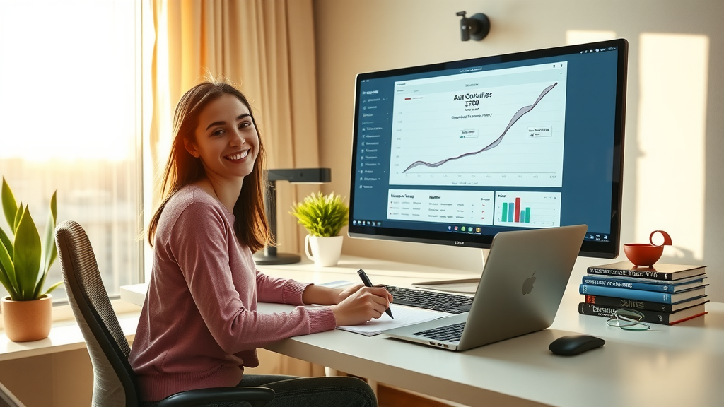 A dynamic and informative scene depicting a young woman in her early 30s with a confident smile, seated at a sleek, minimalist home office desk equipped with a laptop and a large monitor displaying graphs and analytics related to government procurement. Sunlight pours in through a spacious window, casting a warm glow across the room. She is engaged in a live online tutorial, taking notes while a digital flowchart of monitoring systems is visible on the screen. Surrounding her are elements of personal growth, such as a potted plant and a stack of motivational books. The composition captures a sense of empowerment and technological simplicity, showcasing a harmonious balance of work and personal achievement, with a vibrant color palette emphasizing energy and positivity.