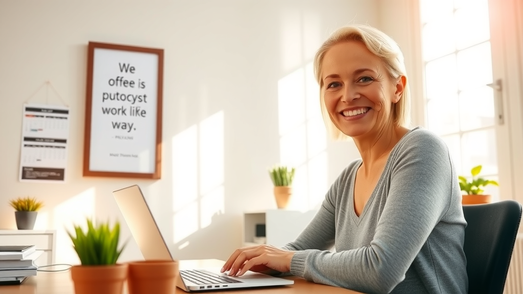 A bright, organized home office space with a middle-aged woman wearing casual clothing, smiling confidently as she works on her laptop. Sunlight streams through a large window, creating a warm and inviting atmosphere. The room features a minimalist design with a few houseplants and an inspirational quote framed on the wall, symbolizing motivation and clarity. In the background, a calendar hangs showing planned family activities, enhancing the theme of work-life balance. The lighting is soft and natural, evoking a calm, productive mood. The composition captures the woman from an eye-level angle, focusing on her joyful expression, while the room feels peaceful and empowering, illustrating the positive transformation achieved through automation and effective time management.