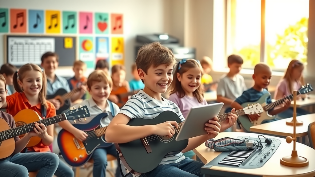 A vibrant, photorealistic image of a lively music school classroom filled with children aged 8 to 12, happily playing various musical instruments like guitars, keyboards, and drums. In the background, a smiling teacher in their 30s is using a tablet to manage student schedules, showcasing the integration of technology into education. The room is brightly lit with natural light streaming through large windows, creating a warm and inviting atmosphere. Students exhibit genuine joy and focus, with colorful posters of musical notes and instruments adorning the walls. The composition captures the essence of collaboration and learning, emphasizing the positive transformation that automation brings to their educational experience. The color palette should be bright and engaging, evoking a sense of creativity and enthusiasm for music.