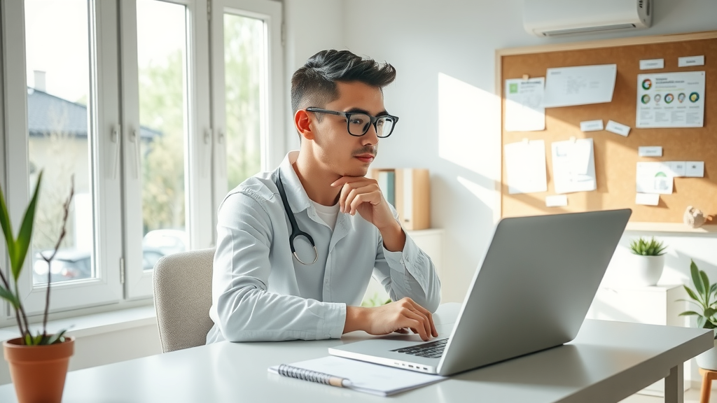 A focused, high-angle shot of a young researcher in their late 20s, sitting at a minimalist desk adorned with a laptop and some research papers, wearing a thoughtful expression while analyzing data on a screen. The setting is a bright, airy home office with large windows allowing soft natural light to stream in, creating a serene atmosphere. A few potted plants and a comfortable chair add a touch of warmth. In the background, a bulletin board displays research topics and notes, suggesting a vibrant academic environment. The color palette is fresh and inviting, evoking a sense of calm productivity. The image embodies the theme of automation in research, showing how technology enhances the work-life balance.