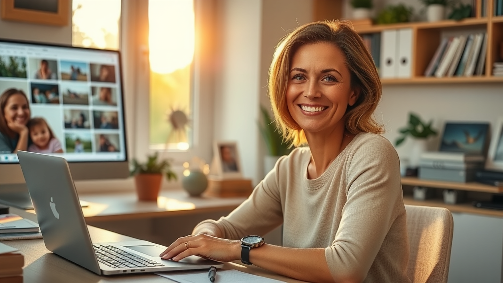 A serene and inviting scene of a woman in her early 40s, sitting at a beautifully organized desk in a cozy, sunlit home office, with soft natural light streaming through a large window. She has a joyful expression as she works on her laptop, surrounded by personal memorabilia such as photos, books, and plants that evoke a sense of warmth and nostalgia. In the background, a digital screen displays a neatly arranged digital archive interface, symbolizing the concept of preserving personal memories for the future. The composition is a close-up shot that captures her focused yet content demeanor, bathed in gentle golden hour lighting, reflecting a harmonious balance between technology and cherished memories. The color palette is warm and inviting, enhancing the mood of tranquility and fulfillment.