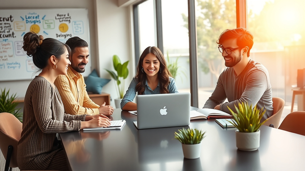 A modern and stylish office environment showcasing a diverse group of four professionals in their 30s, two women and two men, engaged in a collaborative meeting around a sleek conference table. One woman with a laptop open in front of her, displaying a user-friendly CRM interface, is animatedly explaining features to the others who are nodding in understanding. The setting is bright and airy, with large windows letting in soft natural light, highlighting the vibrant colors of plant life and modern decor that evoke a sense of innovation and empowerment. In the background, a whiteboard filled with brainstorming ideas is visible, along with a clear surface featuring motivational quotes and a small potted plant, symbolizing growth and positive transformation. The composition is a balanced eye-level shot, capturing the joy of teamwork and the exciting potential of technology in recruitment, with a warm and inviting color palette that fosters a sense of harmony and productivity.