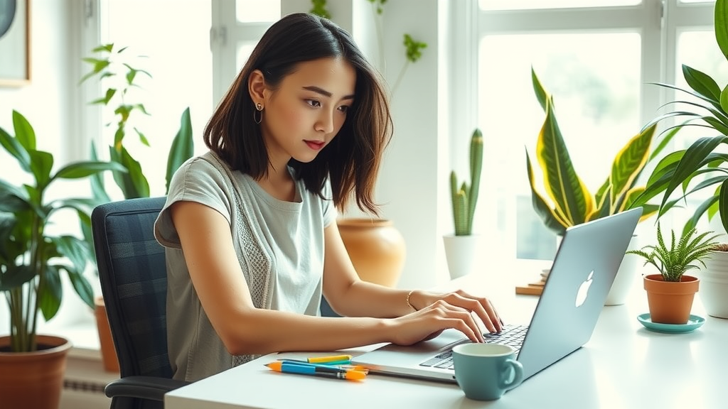 A focused and engaged young woman in her late 20s, with shoulder-length dark hair, wearing casual clothing, working diligently at a modern desk in a bright, airy home office filled with potted plants and soft natural light. She is intently looking at her laptop screen, where code is displayed, embodying a sense of empowerment through technology. The workspace is clean and organized, reflecting a balance between productivity and comfort. A colorful notebook and a cup of tea are nearby, enhancing the cozy atmosphere. The overall mood is serene and inspiring, with a color palette of soft greens and warm neutrals that conveys positivity and creativity.