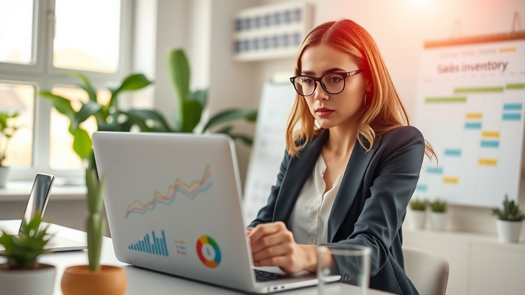 A dynamic composition featuring a confident woman in her early 30s, dressed in smart casual attire, intently analyzing data on her laptop in a modern, well-lit office space. She has a look of determination and focus, surrounded by vibrant graphs and statistics displayed on her screen. The environment is sleek and contemporary, with plants and minimalistic decor, creating a sense of empowerment through technology. Soft natural light streams in from a large window, casting a warm glow on her workspace. In the background, hints of her organized supply inventory and a calendar showing her optimized scheduling create a narrative of automation and efficiency. The overall mood is energetic and inspiring, reflecting success and innovation in sales management.