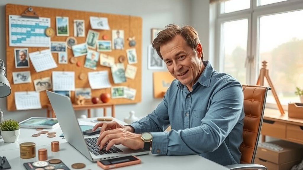 A dynamic and engaging scene in a modern home office featuring a middle-aged collector with short, slightly tousled hair, wearing a casual yet smart button-up shirt, sitting at a sleek desk covered with collectible items like stamps and vintage coins. The collector, with a look of excitement and focus, is using a laptop to track auctions and search for rare finds, with a smartphone showing automatic notifications alongside them. The room is well-lit with soft natural light filtering through a large window, creating a warm and inviting atmosphere. In the background, a corkboard is filled with photos of collectibles and a calendar marking important auction dates. The overall mood is one of joy and fulfillment, showcasing the harmony of work and passion, with a color palette of warm browns and vibrant blues. The composition is eye level, capturing the essence of dedication and the thrill of collecting.