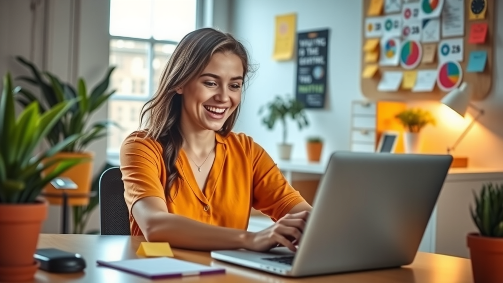 A dynamic scene capturing a young woman in her late 20s with an enthusiastic smile, sitting at a stylish workspace illuminated by soft natural light. She is engaged in a gamified productivity app on her laptop, with colorful charts and progress bars visible on the screen. Surrounding her are motivational elements like sticky notes with goals, a plant for a touch of nature, and a vision board in the background showcasing her aspirations. The atmosphere is vibrant and energetic, reflecting a harmonious blend of work and personal growth. The composition includes a close-up of her focused expression, symbolizing motivation and personal effectiveness, with warm tones that evoke a sense of joy and empowerment.