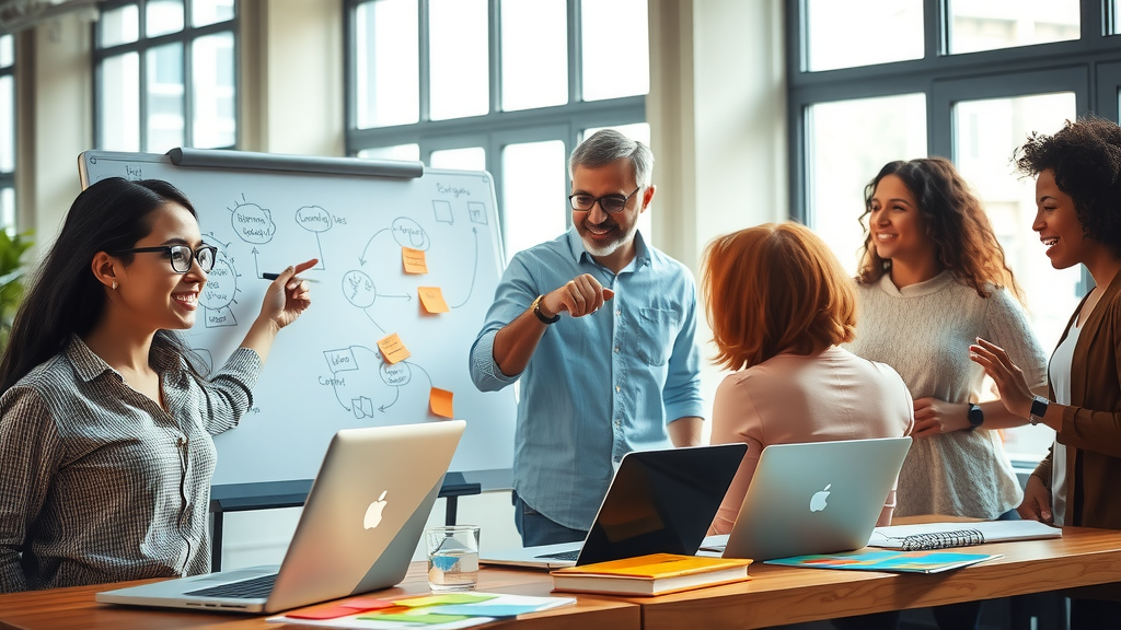 A vibrant, thought-provoking scene depicting a diverse group of individuals in a modern, well-lit co-working space engaged in a lively discussion about systems thinking and ideas. In the foreground, a young woman in her late 20s with glasses and a bright smile is sketching interconnected concepts on a whiteboard, her expression one of excitement and clarity. Surrounding her, a middle-aged man with salt-and-pepper hair enthusiastically points to a diagram, while another woman in her early 30s, with curly hair, nods thoughtfully. The room features large windows allowing soft natural light to pour in, creating a warm and inviting atmosphere. On the desks, there are laptops open to digital mind maps, colorful sticky notes, and books about systems theory. The overall mood is collaborative and empowering, with a color palette of blues, greens, and yellows, reflecting a dynamic yet calming environment conducive to creativity and problem-solving.