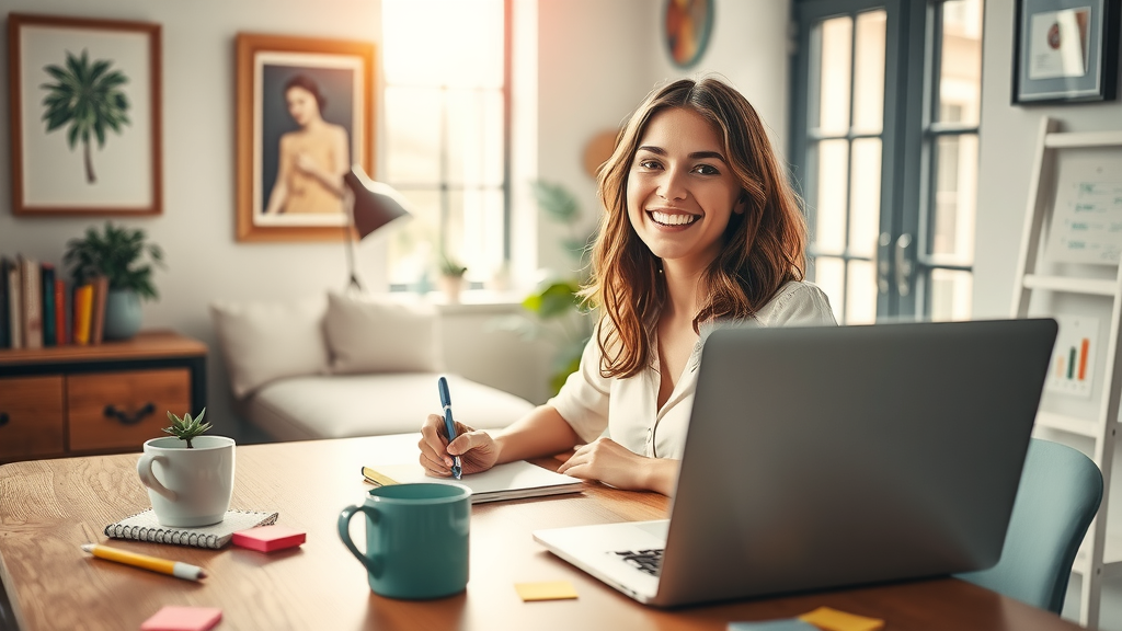 A bright and inspiring workspace featuring a young woman in her late 20s, with an enthusiastic smile, sitting at a stylish desk equipped with a laptop, a notepad, and a cup of coffee. She is engaged in a content creation process, surrounded by colorful sticky notes and a small plant, symbolizing creativity and growth. Soft natural light streams in from a large window, casting a warm glow over the scene. The background shows framed artwork and a cozy reading nook, enhancing the sense of a relaxed yet productive environment. An open laptop displays a dashboard interface, suggesting the use of automation tools for content marketing. The overall mood is vibrant and empowering, reflecting joy, efficiency, and the freedom that comes from streamlined processes.
