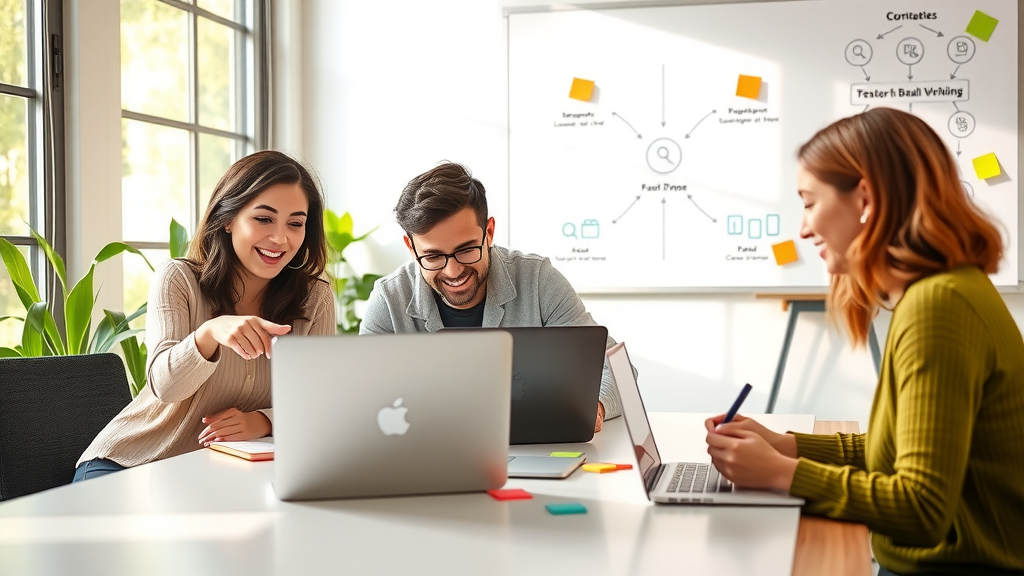 A vibrant scene depicting a diverse group of three young professionals in a modern, sunlit co-working space, enthusiastically discussing ideas around a sleek table filled with laptops, notepads, and colorful sticky notes. One woman in her late 20s, wearing stylish casual attire, points at her laptop screen with an excited expression, while a man in his early 30s, dressed in a smart casual outfit, nods in agreement, showcasing a genuine smile. The third person, a woman in her mid-30s, taking notes, looks inspired and engaged. The setting features large windows allowing soft, natural light to flood the room, creating an inviting atmosphere. The color palette is fresh and airy with greens and light blues, enhancing the mood of creativity and collaboration. In the background, a whiteboard filled with diagrams and workflows illustrates the concept of transforming knowledge into a profitable product through automation, embodying themes of freedom, innovation, and personal growth.