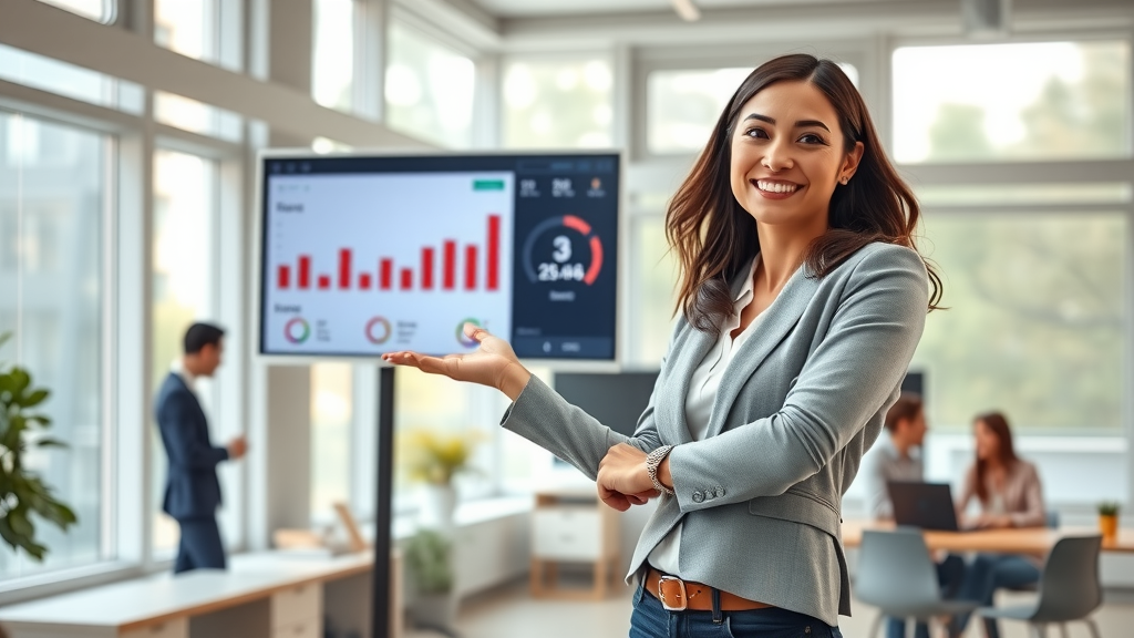 A dynamic image showcasing a professional woman in her early 30s, confidently presenting a digital dashboard on a large screen in a modern office environment. She is dressed in smart casual attire, with a friendly smile, embodying empowerment and leadership. The office is spacious and bright, featuring large windows that let in soft, natural light, creating a warm and inviting atmosphere. On the screen, clear graphs and charts are displayed, illustrating business automation processes and data analysis. The background includes colleagues engaged in discussions and collaboration, reflecting teamwork and innovation. The color palette is fresh with light blues and greens, evoking a sense of clarity and growth. This scene captures the essence of effective franchise automation, emphasizing quality control and network management through technology.