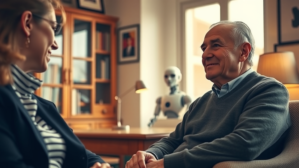A thoughtful scene depicting a middle-aged woman in business attire, engaged in a friendly conversation with a senior client in a cozy, warmly-lit office. She is actively listening with a genuine smile, demonstrating the value of personal interaction over automation. The client, an elderly man, looks comfortable and appreciated, conveying warmth and trust. In the background, there's a subtle contrast of a robotic assistant quietly sitting on a desk, emphasizing the richness of human connection. Soft natural light filters through a window, creating a serene atmosphere. The color palette is warm and inviting, evoking a sense of comfort and genuine care, while the camera angle captures an intimate view of the interaction, highlighting their connection.