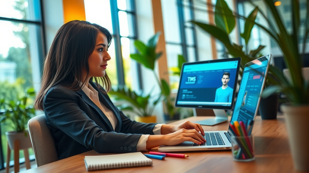 A focused eye-level shot of a professional woman in her early 30s, wearing smart casual attire, intently working at a sleek, modern workspace filled with greenery. She is using a laptop with screens displaying TMS and CRM software, showcasing her control over translation orders and teams. The environment is well-lit with warm, natural light flooding in through large windows, creating a productive and serene atmosphere. A notepad and colorful pens are neatly arranged on the desk, hinting at her organized approach to project management. The composition emphasizes balance and empowerment, with a slight blur in the background suggesting teamwork in action. The overall mood is calm, inviting, and inspiring, reflecting a seamless integration of technology and personal growth.