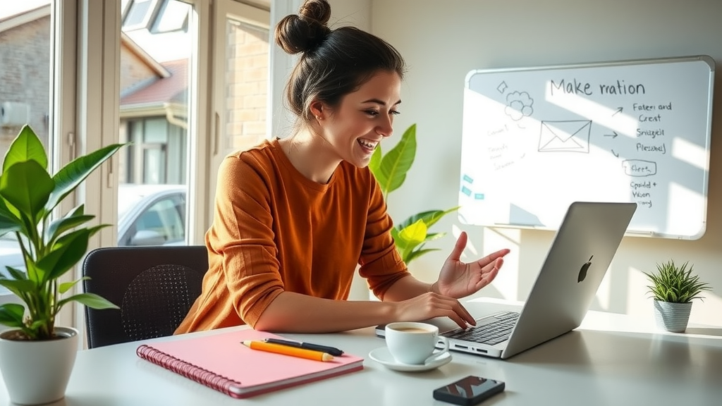A bright, modern workspace featuring a woman in her early 30s, with an enthusiastic smile, focused on her laptop while creating a presentation on Make.com. She has dark hair tied in a loose bun, wearing a casual yet professional outfit. The desk is clean and organized, with a few colorful notebooks, a potted plant, and a steaming cup of coffee. Natural sunlight floods the room through large windows, casting a warm glow on the scene. In the background, a whiteboard with doodles and notes adds a creative touch, emphasizing the theme of automation and ease in content creation. The overall mood is vibrant and inspiring, showcasing the joy of using technology to enhance productivity.