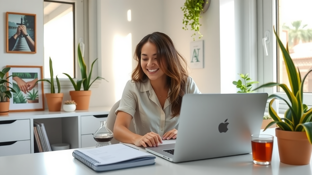 A serene and organized home office scene featuring a young woman in her early 30s with a friendly smile, seated at a minimalist desk, happily decluttering her digital files on a laptop. Sunlight streams through a nearby window, illuminating a clean workspace adorned with green plants and inspiring decor. The woman exudes a sense of calm and focus, wearing casual yet professional attire. Close-up angle captures her engaging expression, with soft, warm colors creating a sense of tranquility and positivity. On the desk, a planner and a cup of tea add to the inviting atmosphere, symbolizing balance and personal growth through digital organization.