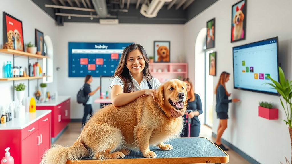 A vibrant and inviting scene of a modern pet grooming salon bustling with activity, showcasing a cheerful woman in her early 30s with a warm smile, attending to a fluffy golden retriever on a grooming table. The salon features a sleek design, with bright colors and a welcoming atmosphere. Soft natural light streams in through large windows, illuminating the space filled with pet care supplies and framed happy pet photos on the walls. In the background, a digital screen displays an easy-to-read online booking system and calendar. This image conveys a sense of efficiency and enhanced customer service, capturing the joy of pets being pampered and the satisfaction of their owners. The overall mood is bright and energetic, reflecting a harmonious blend of technology and personal touch in pet care.