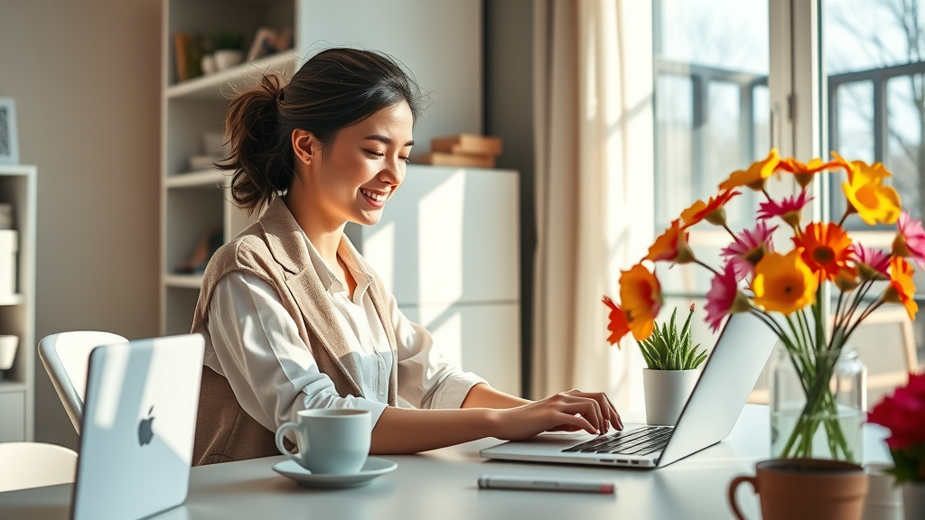 A modern home office scene featuring a young woman in her late 20s with an expressive look of satisfaction as she engages with her laptop, discovering a streamlined news feed. The desk is clean and minimalistic with a few indoor plants, a digital tablet beside her, and a mug of coffee. Soft natural light streams in through a large window, illuminating the vibrant colors of a fresh bouquet of flowers on the desk. The woman is dressed casually yet professionally, radiating a sense of productivity and clarity. In the background, a subtle hint of clutter symbolizes the old overwhelming information chaos being filtered out. The overall mood is bright, uplifting, and serene, conveying the joy of simplified, efficient reading through technology.