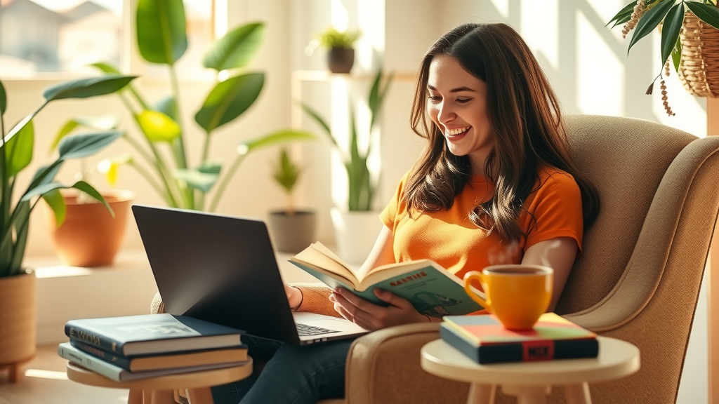 A cozy, inviting scene featuring a young woman in her late 20s, deeply focused while reading on a comfortable armchair in a sunlit living room filled with plants and warm natural light. She has a joyful expression, with a notepad and a laptop open nearby, showcasing tools like Make.com, Readwise, and Notion on the screen, symbolizing effective self-development. The books are stacked on a small table beside her, and a steaming cup of tea adds to the serene atmosphere. The color palette is warm and inviting, enhancing the mood of personal growth and contentment, captured from a slightly low angle to emphasize her engagement and the peaceful environment.