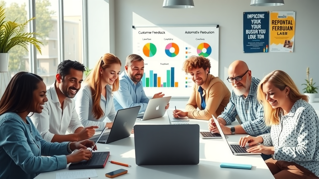A bright and inviting scene of a diverse group of small business owners in their late 30s to early 50s gathered around a large table in a modern co-working space, collaborating enthusiastically on laptops and digital devices, showcasing a sense of teamwork and innovation. The background features a large whiteboard with colorful charts highlighting customer feedback and automation strategies. Natural sunlight streams through large windows, creating a vibrant atmosphere filled with positivity and energy. The owners are dressed in casual yet professional attire, displaying genuine smiles and engaged in discussions about improving their local business reputation. Potted plants and motivational posters add a touch of warmth, reflecting the balance between work and a supportive community.