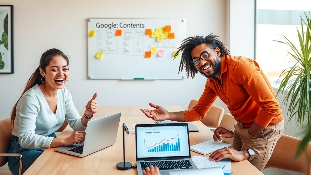 A vibrant and engaging scene featuring a diverse group of three professionals in their early 30s, two women and one man, collaborating enthusiastically around a modern conference table. They are surrounded by a clean, minimalist workspace with large windows letting in soft natural light, creating a warm and inviting atmosphere. The table is clutter-free, except for a few digital devices like laptops and tablets displaying colorful graphs and data from Google Trends. The expressions on their faces show genuine excitement and joy as they brainstorm ideas for SMM and content marketing using AI tools. A whiteboard in the background is filled with colorful sticky notes and diagrams, symbolizing creativity and teamwork. The color palette is fresh and airy, with greens and blues dominating, evoking a sense of calm and positivity. The composition is slightly above eye level, capturing the dynamic interaction and collaborative spirit among the team members.