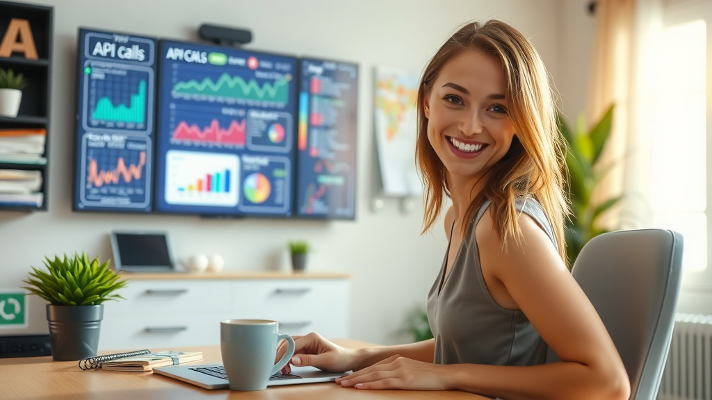 A focused close-up shot of a young woman in her late 20s with an enthusiastic expression, sitting at a neatly organized desk illuminated by soft natural light. She is engaging with a sleek laptop and surrounded by technology-related objects such as a notepad, a coffee mug, and a potted plant, embodying a sense of empowerment and creativity. In the background, a wall-mounted digital display shows visually appealing graphs and data related to API calls. The atmosphere is vibrant and inspiring, showcasing a harmonious blend of technology and personal growth, emphasizing the joy of problem-solving and learning in a calm and inviting workspace.