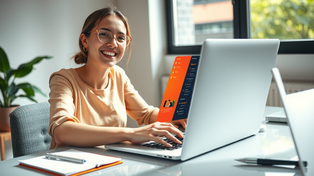 A focused close-up shot of a young woman in her late 20s with an engaged expression, sitting at a sleek, modern desk with a laptop open, displaying a colorful and organized interface of a file management application. She is casually dressed, with a plant beside her and a cup of coffee, reflecting a calm workspace filled with natural light streaming through a nearby window. The vibrant colors of the screen highlight her joyful anticipation as she automates file management tasks. Background elements include a notepad and a pen, symbolizing creativity and organization. The overall mood is one of empowerment and tranquility, emphasizing the harmony between technology and personal efficiency.
