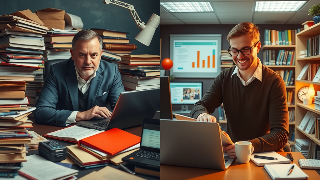 a stressed publishing manager surrounded by piles of manuscripts and chaotic notes in dark colors on the left, looking overwhelmed; on the right, the same manager happily overseeing an organized digital workspace with automated tools, bright colors, relaxed posture, vibrant atmosphere of productivity and creativity