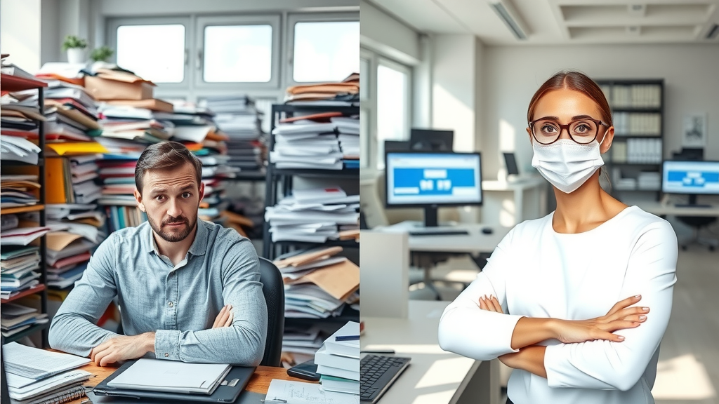 left: overwhelmed business owner in a cluttered office surrounded by stacks of papers, chaotic workspaces, stressed expression; right: same person in a sleek, organized office with digital screens displaying streamlined processes, relaxed smile, bright natural light, sense of accomplishment and clarity