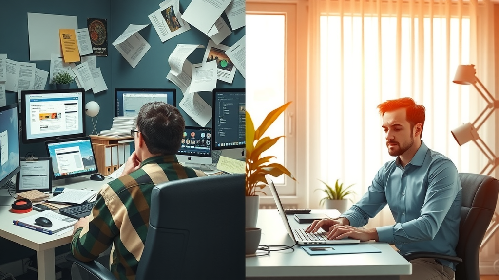 Highly detailed split-screen image showing the concept of creating a Yandex ecosystem on autopilot. Left side: a cluttered desk filled with crumpled papers, a stressed individual surrounded by multiple screens displaying chaotic forms and notifications, dim lighting emphasizing frustration and overwhelm. Right side: the same person, now calm and relaxed, in a bright modern office with a clean setup, using a laptop with an open Make.com interface showcasing automated processes, warm sunlight streaming through a window creating a serene atmosphere. Clear visual separation between the chaotic left and harmonious right, symbolizing transformation and efficiency in automation.