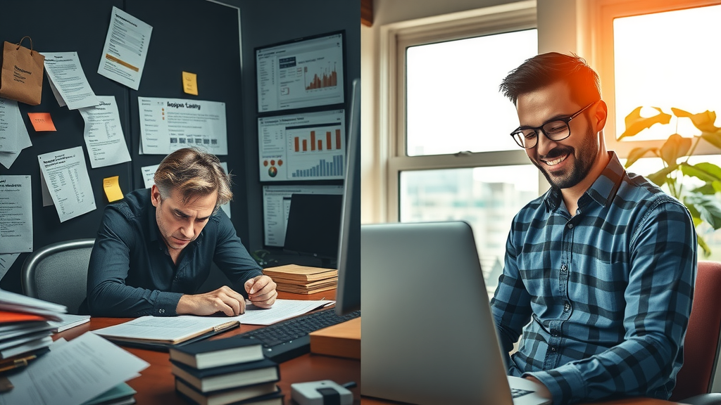 A split-screen image contrasting the chaos of supplier sourcing vs the ease of automation. Left side: a frustrated entrepreneur surrounded by disorganized papers, multiple screens displaying confusing logistics information, dark, cold colors create a sense of stress and overwhelm, hair disheveled, leaning over a cluttered desk with sticky notes and shipping labels. Right side: the same entrepreneur looking relaxed, smiling while using a sleek laptop in a bright, modern office, warm sunlight streaming through a window, the screen shows an organized dashboard with clear supplier and logistics data, elements of nature visible outside, conveying a sense of control and efficiency.