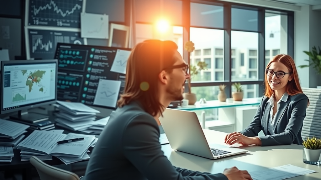 Highly detailed split-screen image depicting a professional environment. Left side: a frustrated businesswoman in her late 30s, surrounded by chaotic paperwork and multiple screens showing complex data structures, dim lighting with cold blue and gray tones reflecting her stress and confusion. Right side: the same woman, now relaxed and smiling, sitting at a clean desk in a bright office, sunlight streaming through windows, with a laptop displaying a user-friendly Make.com interface showcasing neatly organized data structures. The atmosphere is calm and inspiring, with warm sunlight and vibrant colors conveying a sense of clarity and efficiency.