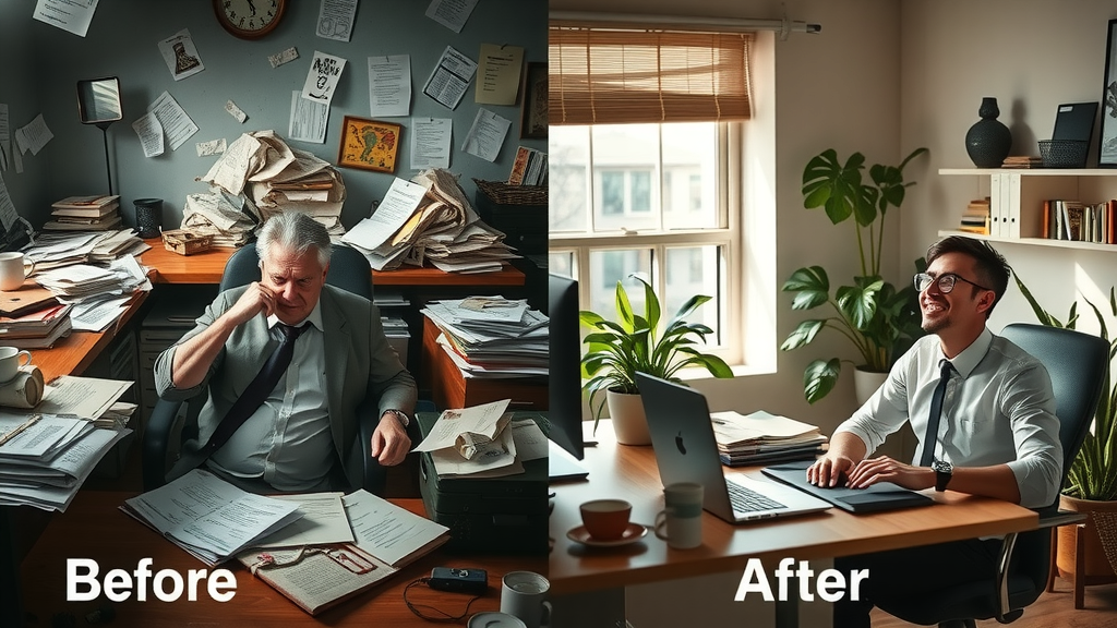 A split-screen image depicting a before and after scenario. Left side: a chaotic office environment with a frustrated business owner overwhelmed by paperwork and clashing software notifications, a cluttered desk filled with crumpled contracts, empty coffee cups, and an old laptop struggling to keep up with demands, light harsh and shadowy creating a sense of urgency and stress. Right side: the same business owner appears calm and organized, sitting at a clean desk with a modern laptop displaying a sleek Make.com dashboard, surrounded by plants and natural light streaming in, visibly relaxed while managing sales effortlessly, smiling and engaging with a team member in a collaborative atmosphere, warm colors evoking a sense of achievement and harmony.