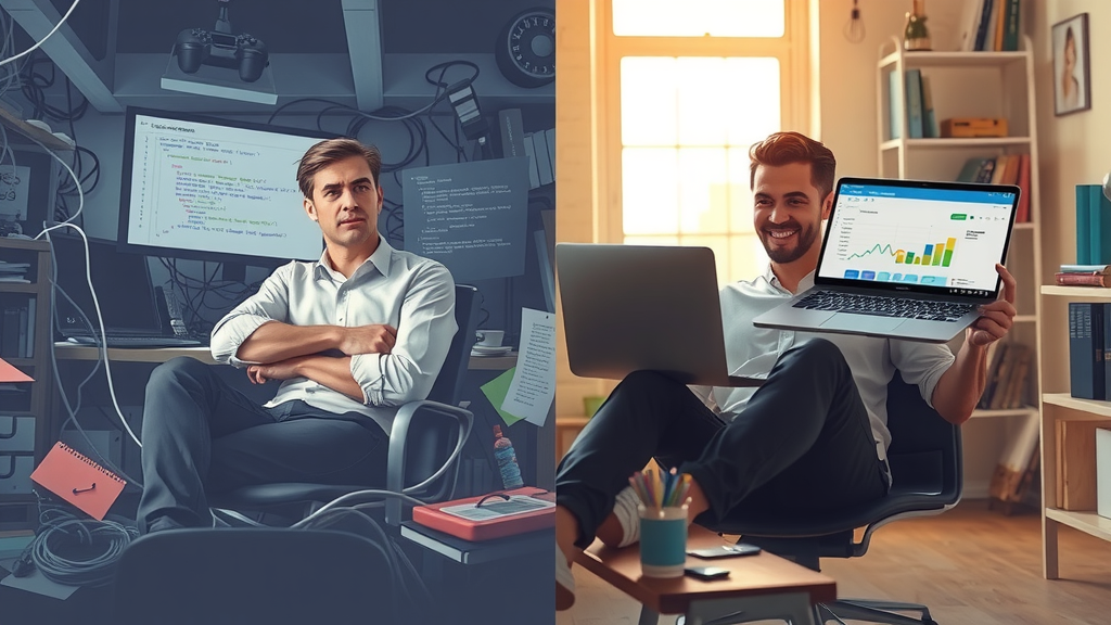 Highly detailed split-screen image depicting the theme of automating processes without coding. Left side: a frustrated individual in a cluttered workspace surrounded by tangled wires, chaotic notes, and multiple screens displaying confusing code snippets, shadows emphasizing the tension and stress in the environment. Colors are dull and dark, with gray and blue tones dominating the scene. The person's facial expression shows confusion and overwhelm, body language tense and hunched over. Right side: the same individual, now inspired and relaxed, sitting in a bright, organized office with sunlight streaming through the window, laptop open to a clean, user-friendly Make.com interface showcasing custom functions. The atmosphere is warm and inviting, with soft golden and pastel colors, and the person's expression is one of joy and accomplishment while holding a digital tablet displaying clear graphs and workflows. The division between the two scenes is marked by a sharp contrast in lighting and color, symbolizing the transition from chaos to clarity.