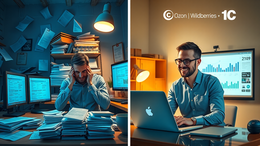 Split-screen image depicting the journey of e-commerce automation. Left side shows a stressed business owner in a cluttered office surrounded by multiple screens displaying chaotic inventory data, scattered papers, and unread messages in dull blue tones. The expression is one of frustration and overwhelm, with harsh lighting emphasizing the chaos. Right side shows the same owner now relaxed and smiling in a bright, modern workspace, easily managing stock through an organized interface on a laptop with warm golden lighting. There are integrated elements representing Ozon, Wildberries, and 1C in a harmonious layout, reflecting a sense of control and efficiency in e-commerce management.