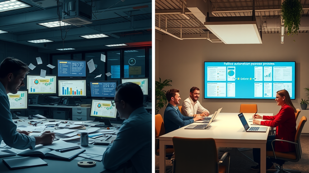 A vertical split-screen image contrasting chaos with organization. Left side: a team in a dimly lit office appearing overwhelmed, faces filled with stress, scattered papers everywhere, multiple screens with chaotic spreadsheets and urgent notifications, disorganized workspace reflecting confusion and frustration. Right side: the same team, now in a bright, serene conference room, smiling and collaborating around a clean table, organized documents, clear visual aids showcasing streamlined automation processes on a large screen, natural light illuminating their focused expressions, creating an atmosphere of efficiency and clarity.